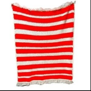 Vintage small throw/ afghan orange‎ and white with fringe edges hand crocheted